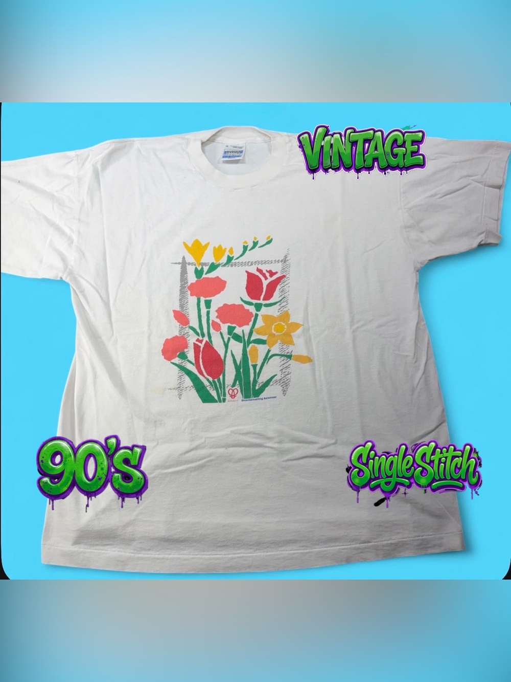 Vintage 90s XL Screen Stars Flower T-Shirt Bloemenveiling Aalsmeer Netherlands